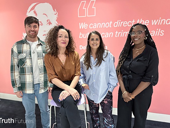 Members of the Truth Futures team in picture, with Bridget Dalton sitting down in the middle, and from the left Duart Rankin, Carlota Rosa-Delgado and Taiye Akin-Akinyosoye. 